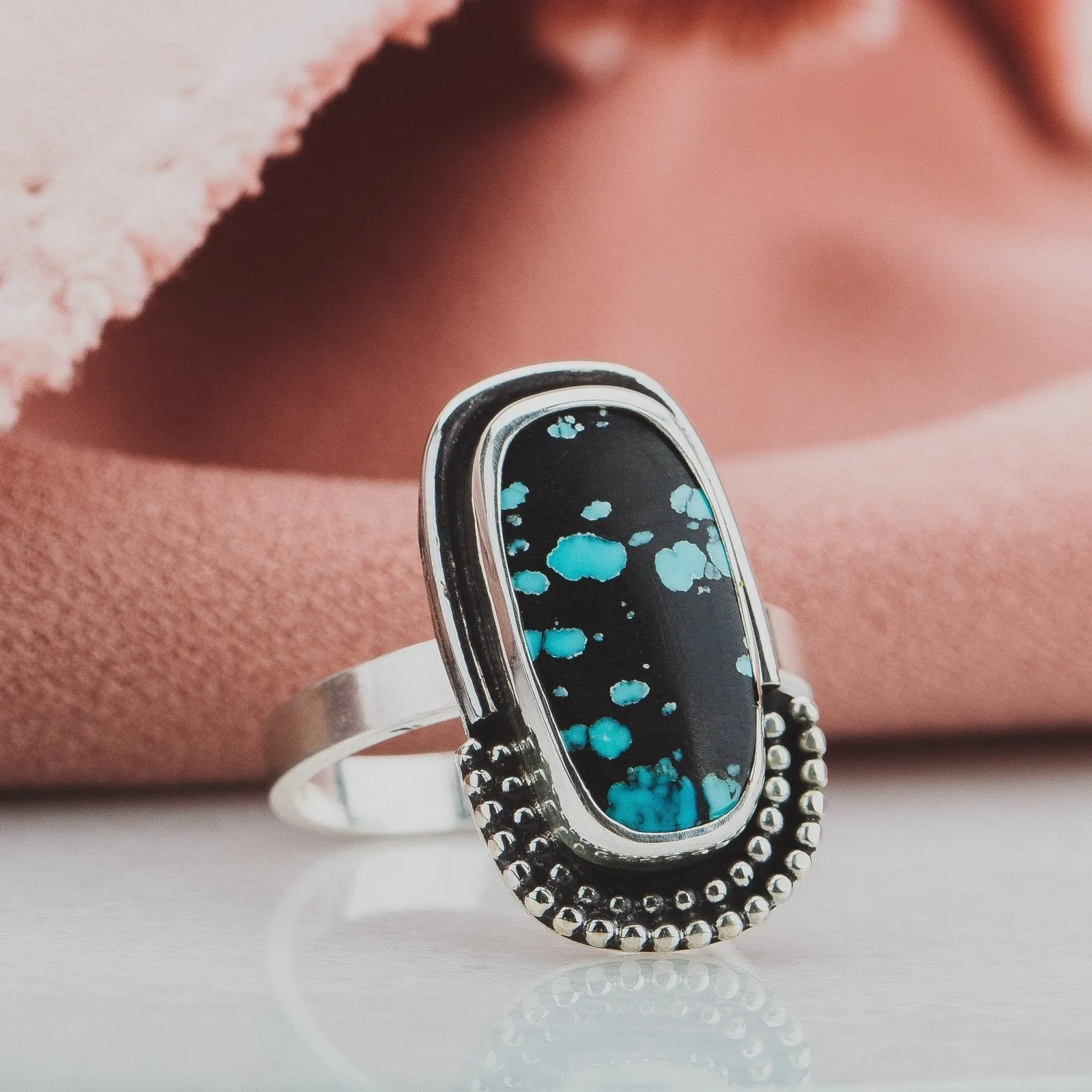 Size 9.25 Black & Blue Cloud Mountain Turquoise Gemstone Ring