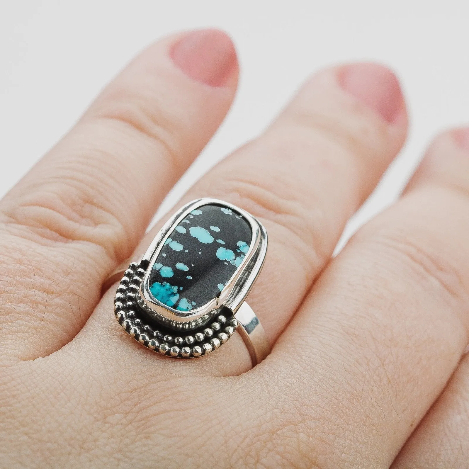 Size 9.25 Black & Blue Cloud Mountain Turquoise Gemstone Ring