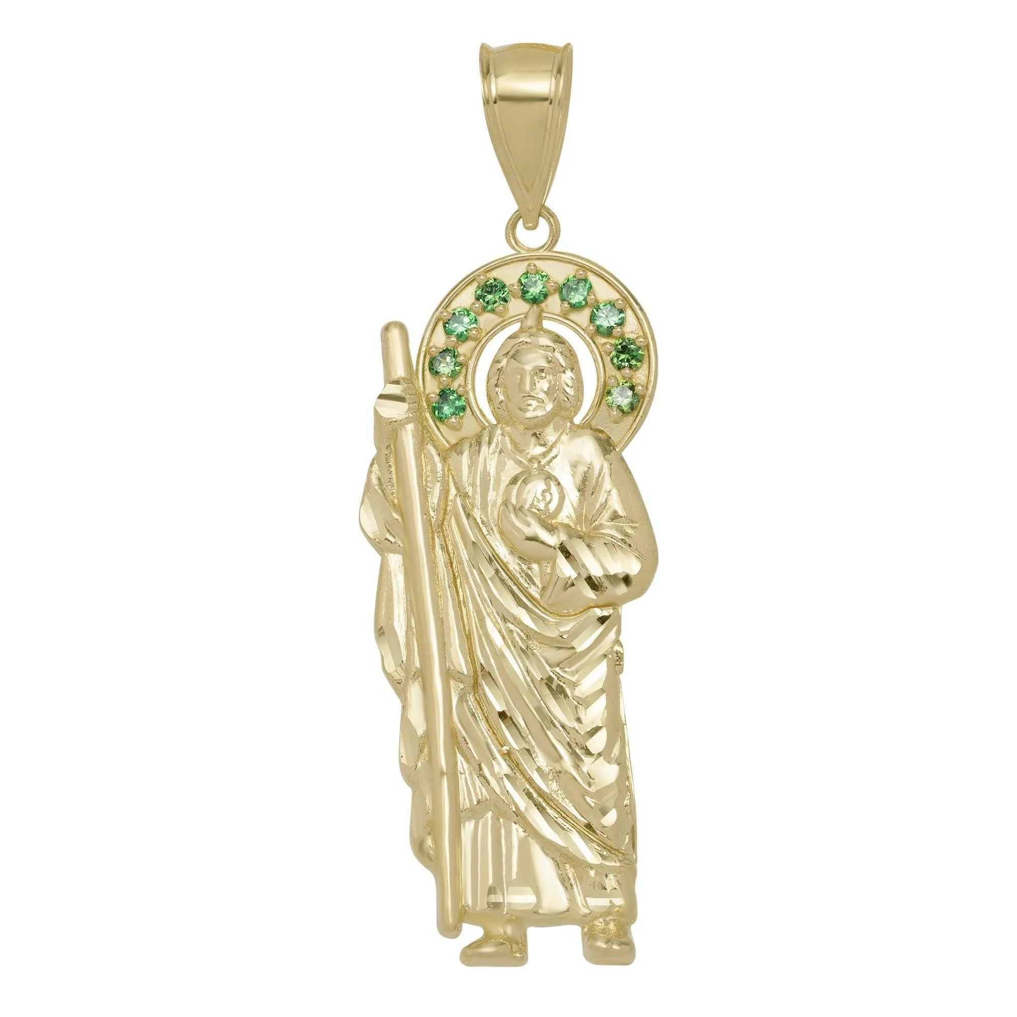 St. Jude with Emerald CZ Halo Pendant Solid 10K Yellow Gold