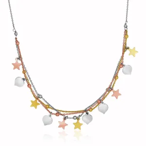 Sterling Silver 18 inch Three Toned Necklace Polished Hearts and Stars