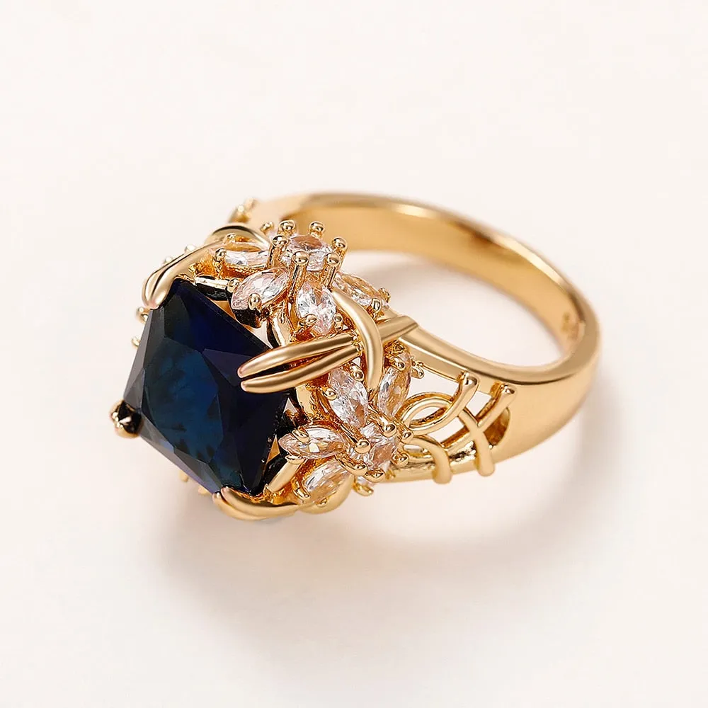 TEEK - Square Blue CZ Gold Tone Ring