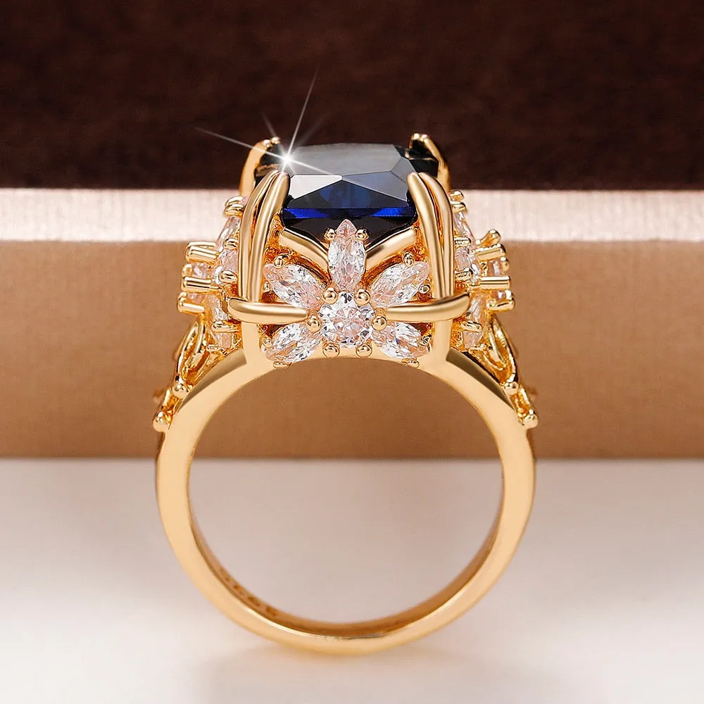 TEEK - Square Blue CZ Gold Tone Ring