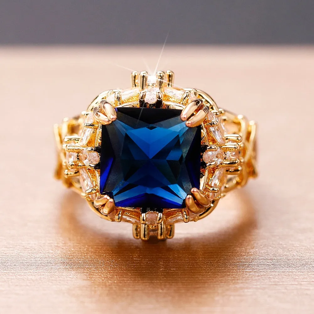 TEEK - Square Blue CZ Gold Tone Ring