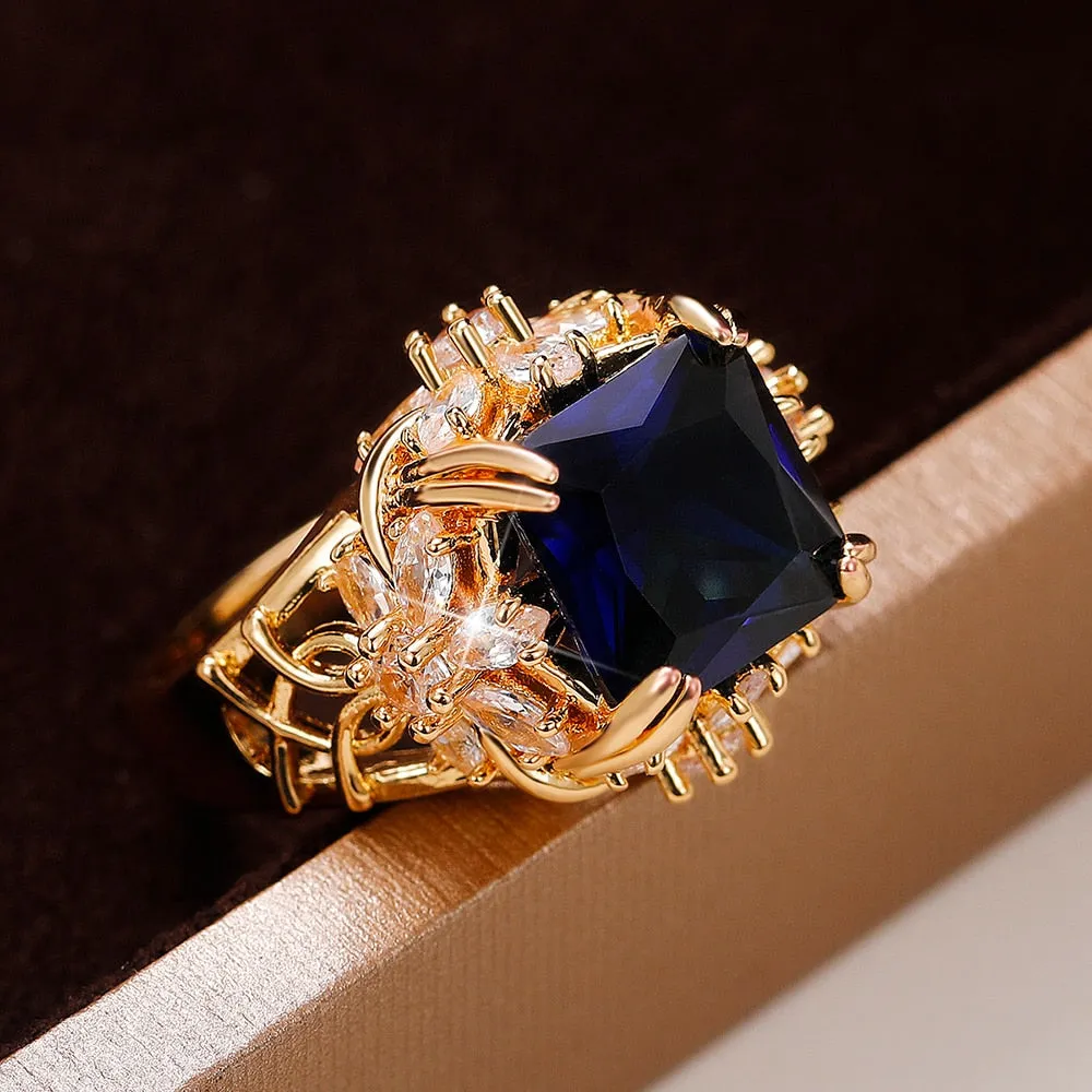 TEEK - Square Blue CZ Gold Tone Ring