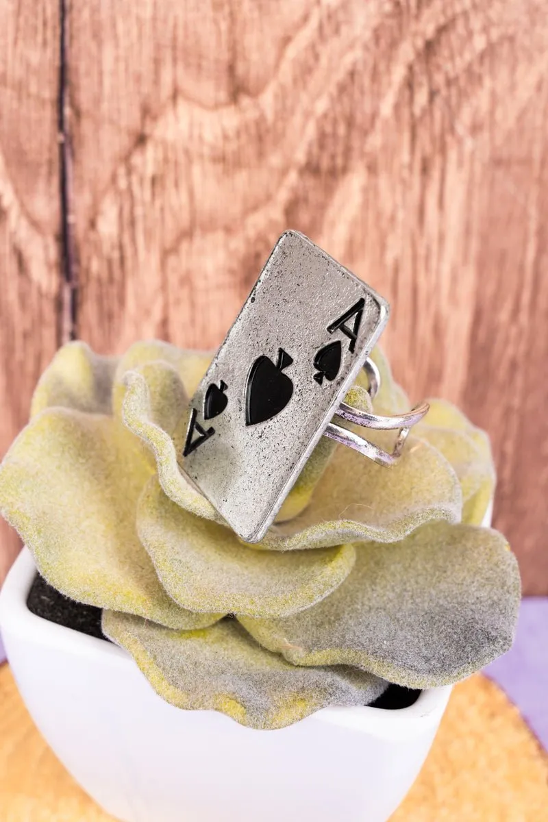 TIPI Ace Of Spades Card Silvertone Cuff Ring