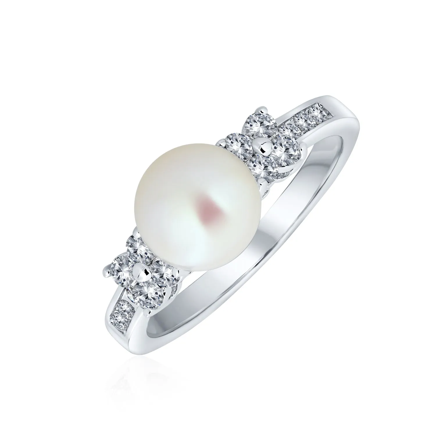 Traditional Cocktail Statement Ring with CZ Band and White Pearl Solitaire