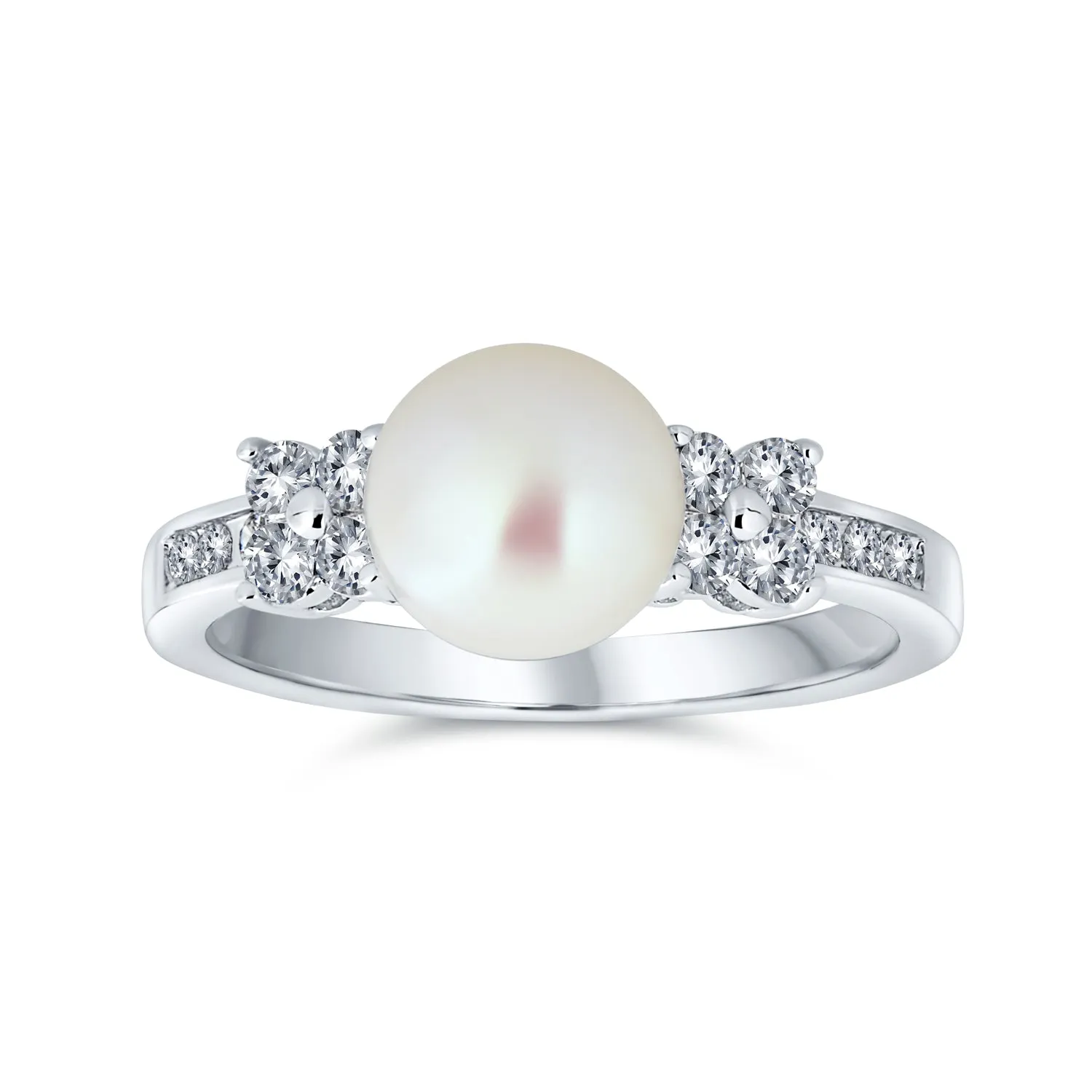 Traditional Cocktail Statement Ring with CZ Band and White Pearl Solitaire