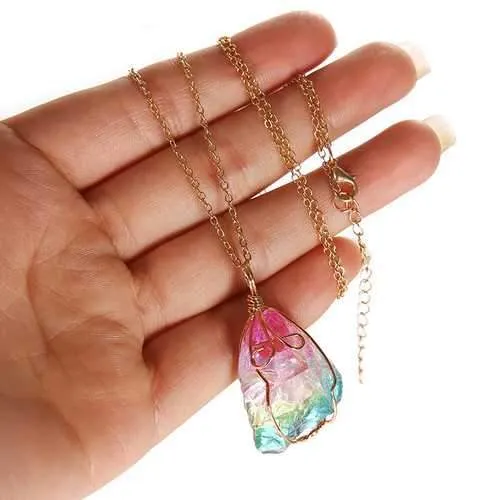 Trendy Natural Stone Gold Line Colorful Handmade Necklace