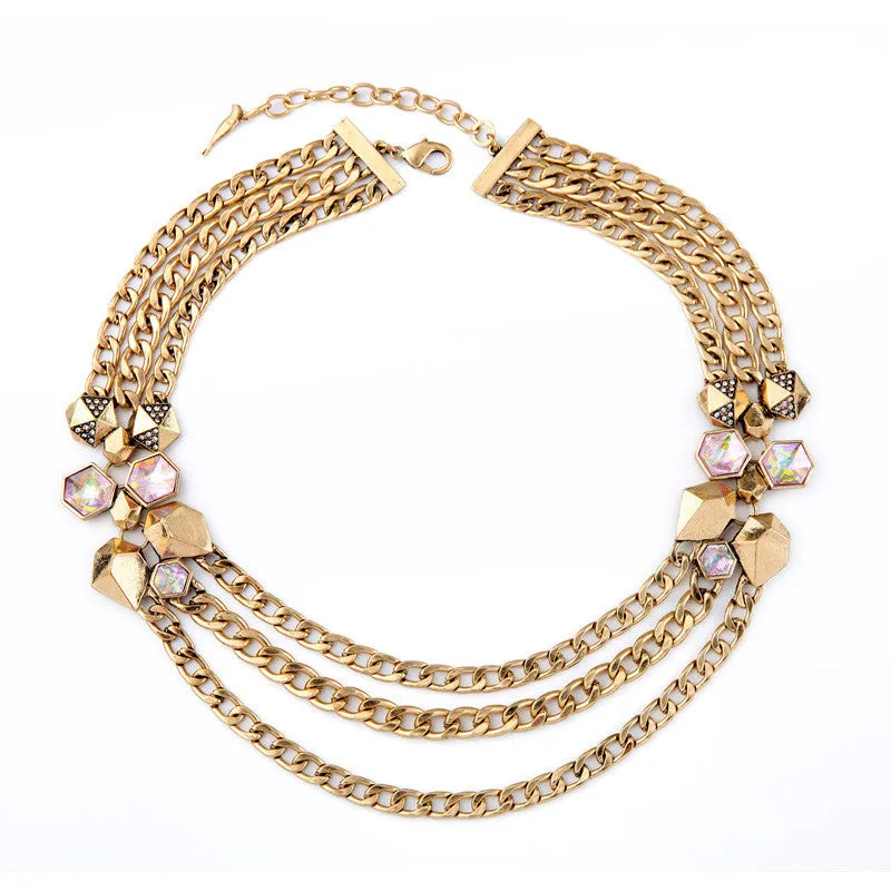 Unique Gold Plated Retro Set Crystal European Women Multilayer Necklace