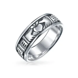 Unisex Celtic Claddagh Wedding Band Silver Ring for Couples Oxidized Sterling